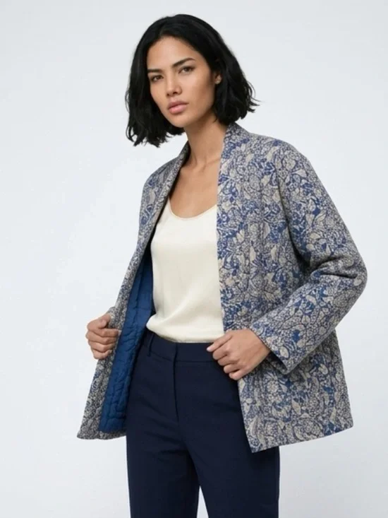 Quilted Floral Open-Front Jacket - Blue/Cream - Picture 6 of 6